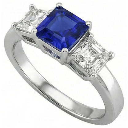 Ladies Asscher Natural Earth Mined Diamond Ring Ceylon Sapphire 3 Stone Jewelry 2 Carats