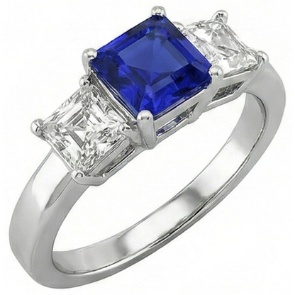 Ladies Asscher Natural Earth Mined Diamond Ring Ceylon Sapphire 3 Stone Jewelry 2 Carats