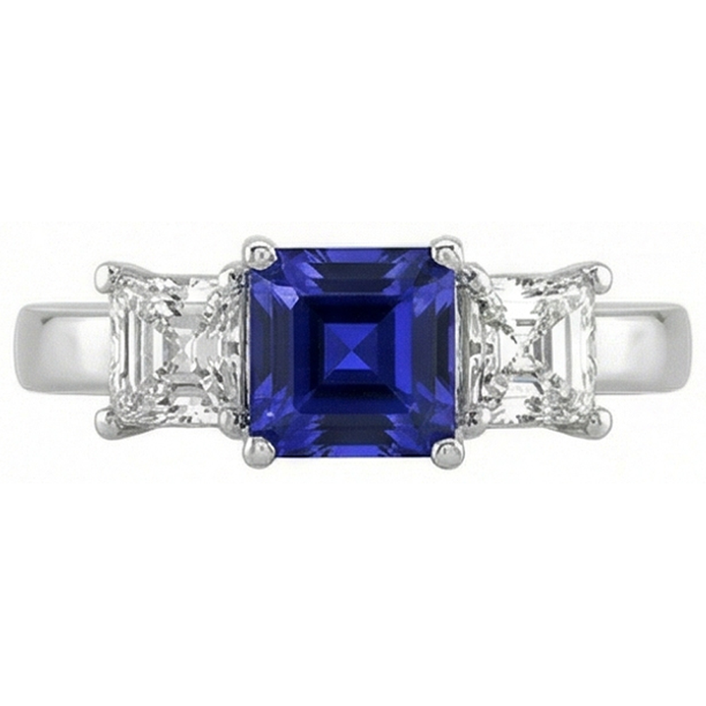 Ladies Asscher Natural Earth Mined Diamond Ring Ceylon Sapphire 3 Stone Jewelry 2 Carats