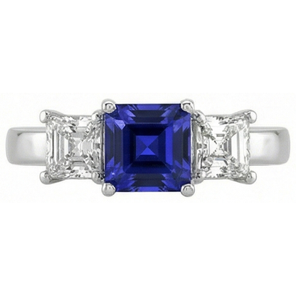 Ladies Asscher Natural Earth Mined Diamond Ring Ceylon Sapphire 3 Stone Jewelry 2 Carats