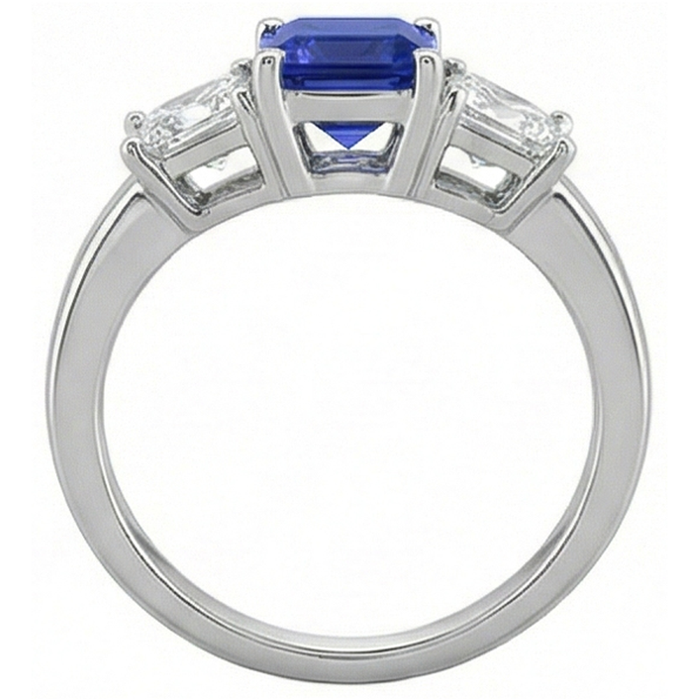 Ladies Asscher Natural Earth Mined Diamond Ring Ceylon Sapphire 3 Stone Jewelry 2 Carats