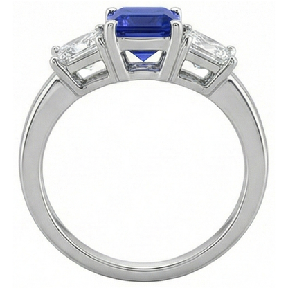 Ladies Asscher Natural Earth Mined Diamond Ring Ceylon Sapphire 3 Stone Jewelry 2 Carats