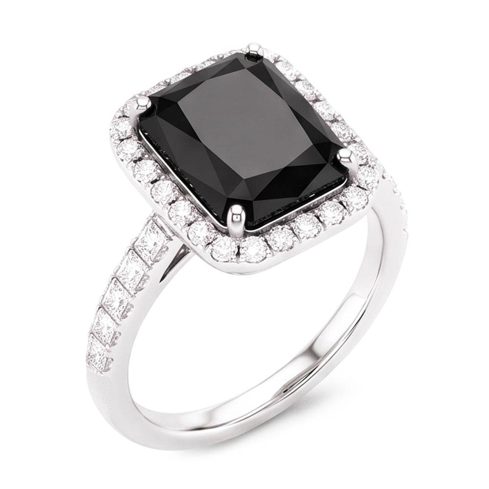 Ladies Black Diamond Ring 7 Carat Natural Radiant Halo 14K White Gold
