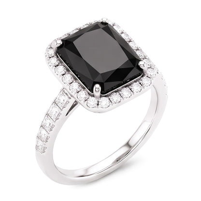 Ladies Black Diamond Ring 7 Carat Natural Radiant Halo 14K White Gold