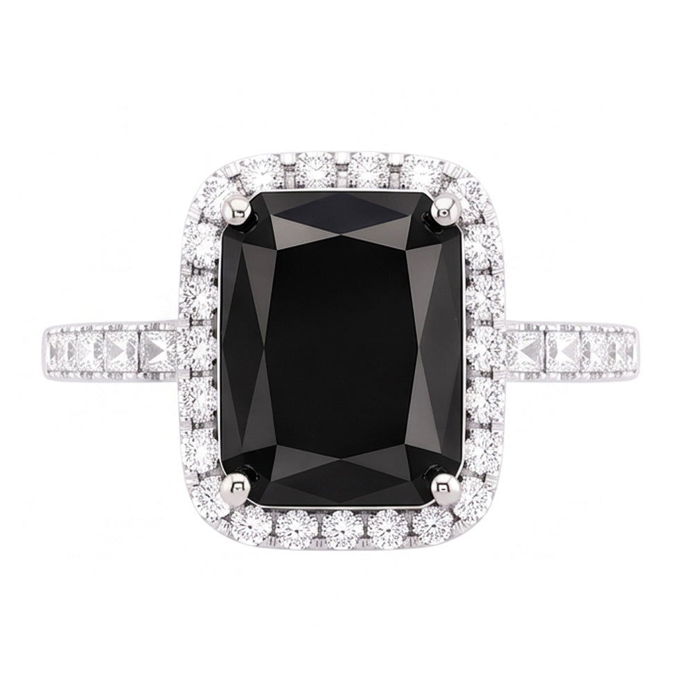 Ladies Black Diamond Ring 7 Carat Natural Radiant Halo 14K White Gold