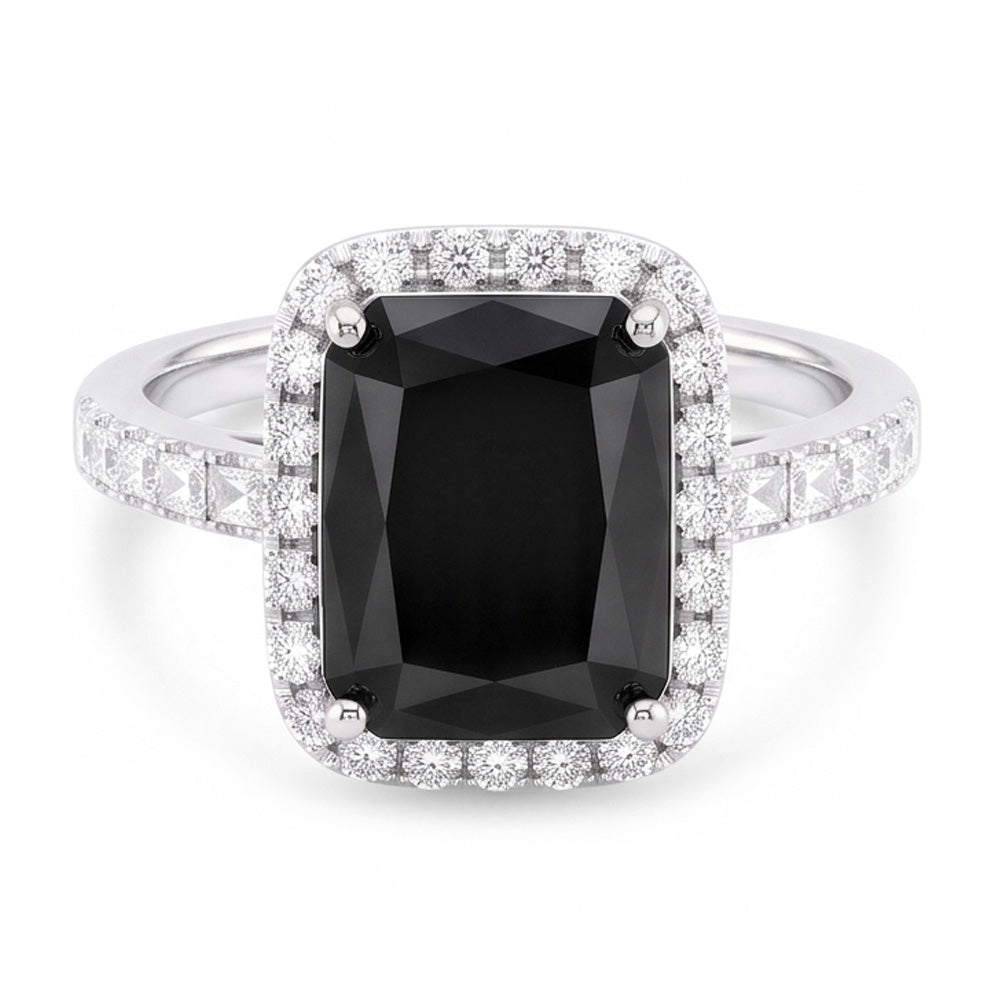 Ladies Black Diamond Ring 7 Carat Natural Radiant Halo 14K White Gold