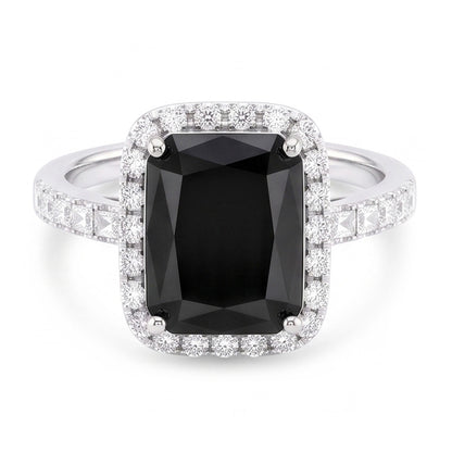 Ladies Black Diamond Ring 7 Carat Natural Radiant Halo 14K White Gold
