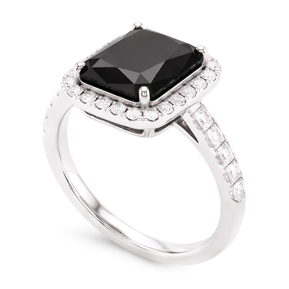 Ladies Black Diamond Ring 7 Carat Natural Radiant Halo 14K White Gold