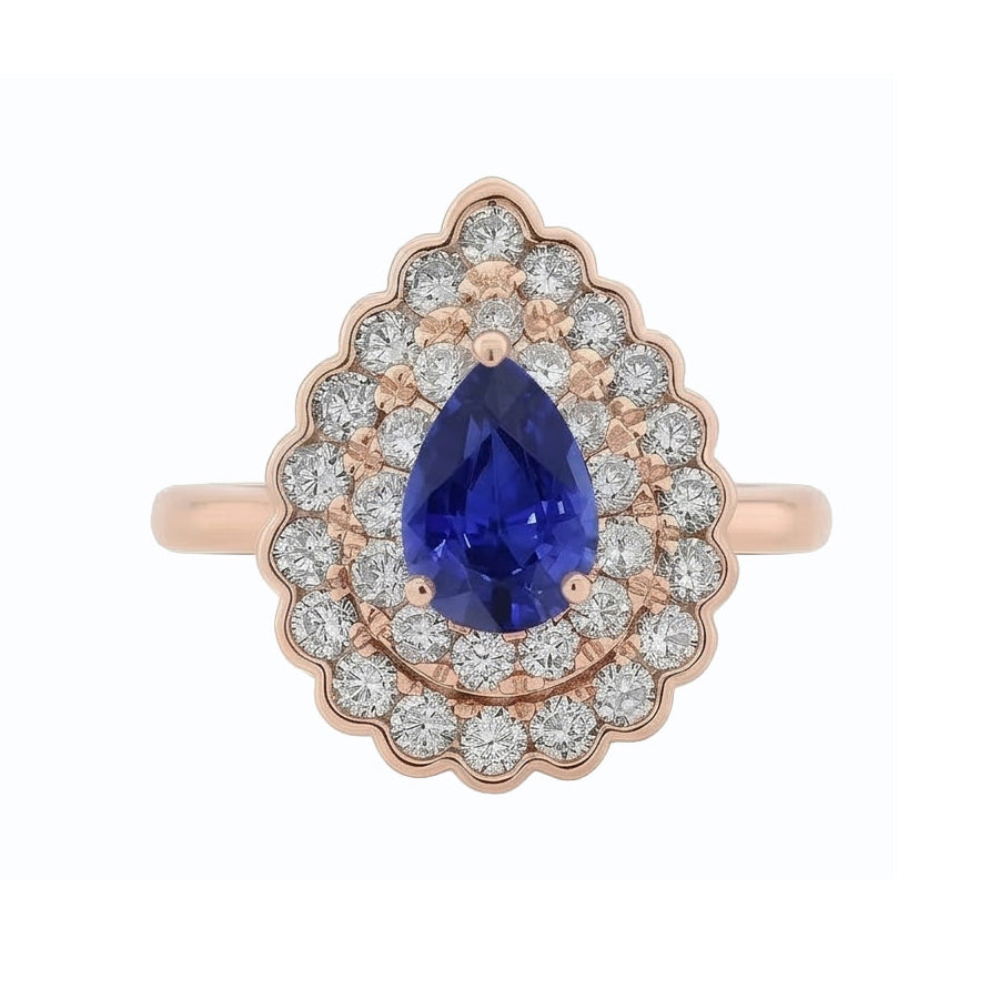 Ladies Double Halo Ring Pear Blue Sapphire & Natural Earth Mined Diamonds 3.50 Carats