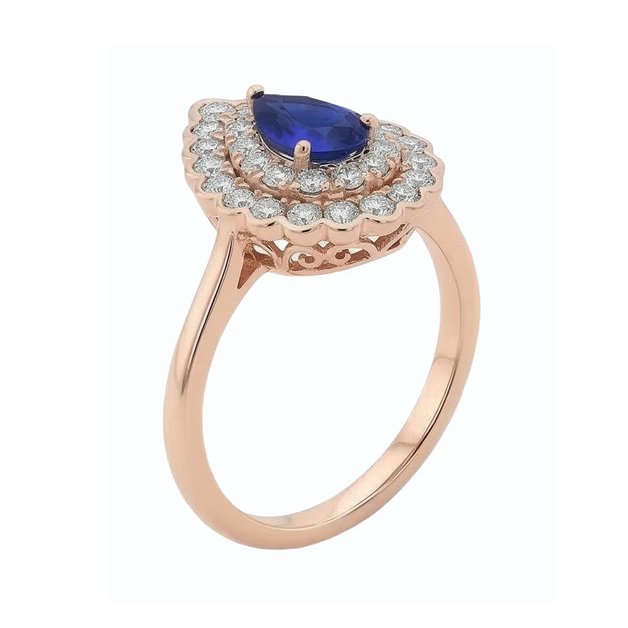 Ladies Double Halo Ring Pear Blue Sapphire & Natural Earth Mined Diamonds 3.50 Carats