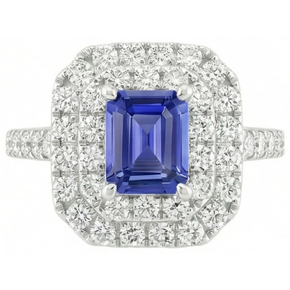 Ladies Double Halo Sri Lankan Sapphire Ring & Natural Earth Mined Diamonds 3 Carats