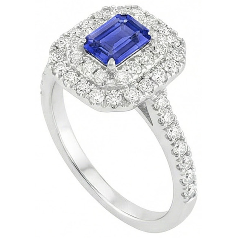 Ladies Double Halo Sri Lankan Sapphire Ring & Natural Earth Mined Diamonds 3 Carats