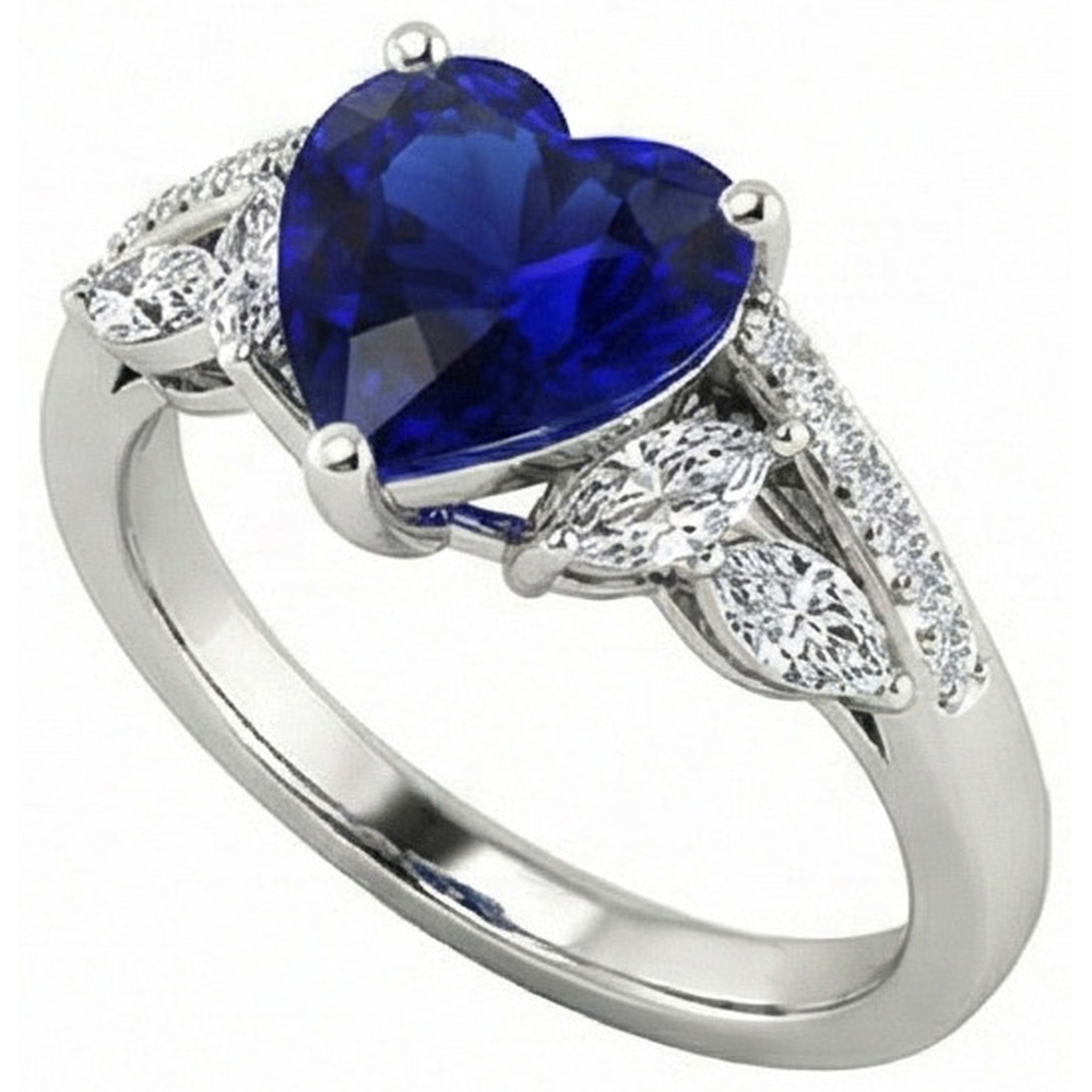 Ladies Gemstone Ring Heart Sapphire Marquise & Round Natural Earth Mined Diamonds 4 Carats
