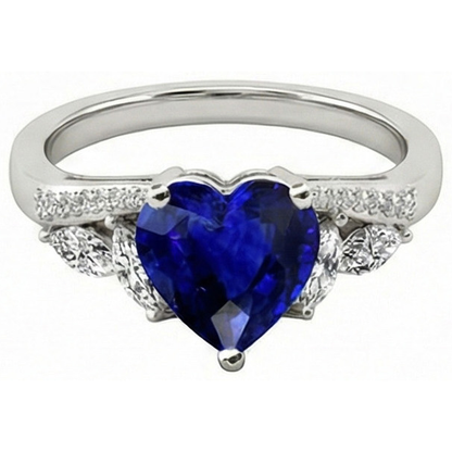 Ladies Gemstone Ring Heart Sapphire Marquise & Round Natural Earth Mined Diamonds 4 Carats
