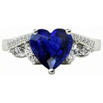 Ladies Gemstone Ring Heart Sapphire Marquise & Round Natural Earth Mined Diamonds 4 Carats