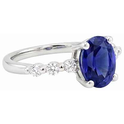 Ladies Gemstone & Natural Earth Mined Diamonds Oval Ceylon Sapphire Ring 4 Carats
