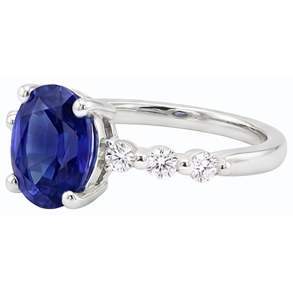 Ladies Gemstone & Natural Earth Mined Diamonds Oval Ceylon Sapphire Ring 4 Carats