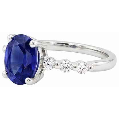 Ladies Gemstone & Natural Earth Mined Diamonds Oval Ceylon Sapphire Ring 4 Carats