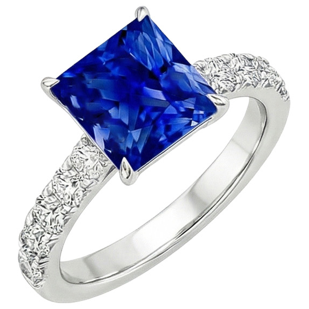 Ladies Gold Natural Earth Mined Diamond Ring Princess Blue Sapphire Accented 4.50 Carats