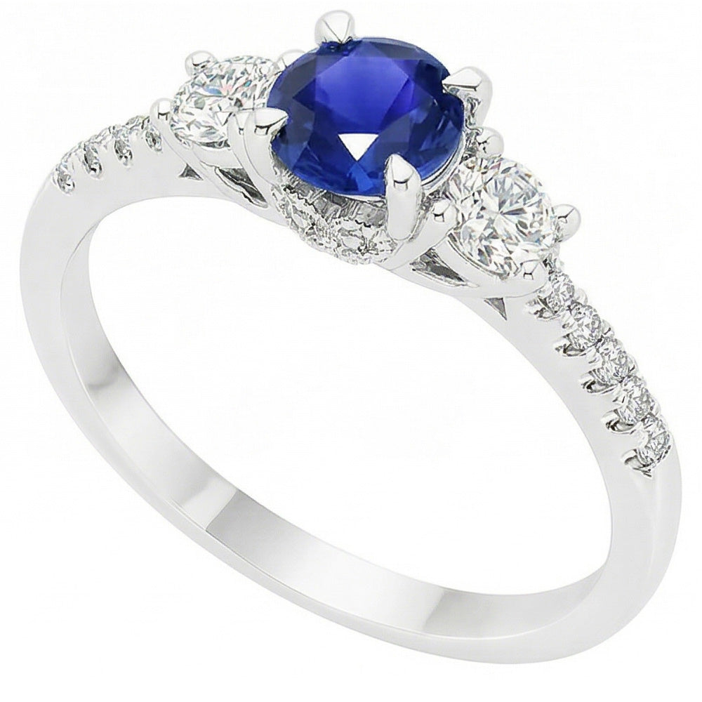 Ladies Gold Natural Earth Mined Diamond Ring Round Cut Ceylon Sapphire 3.50 Carats 14K