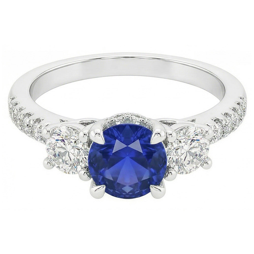 Ladies Gold Natural Earth Mined Diamond Ring Round Cut Ceylon Sapphire 3.50 Carats 14K