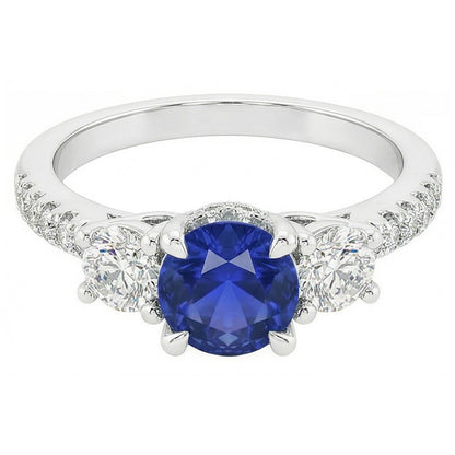 Ladies Gold Natural Earth Mined Diamond Ring Round Cut Ceylon Sapphire 3.50 Carats 14K