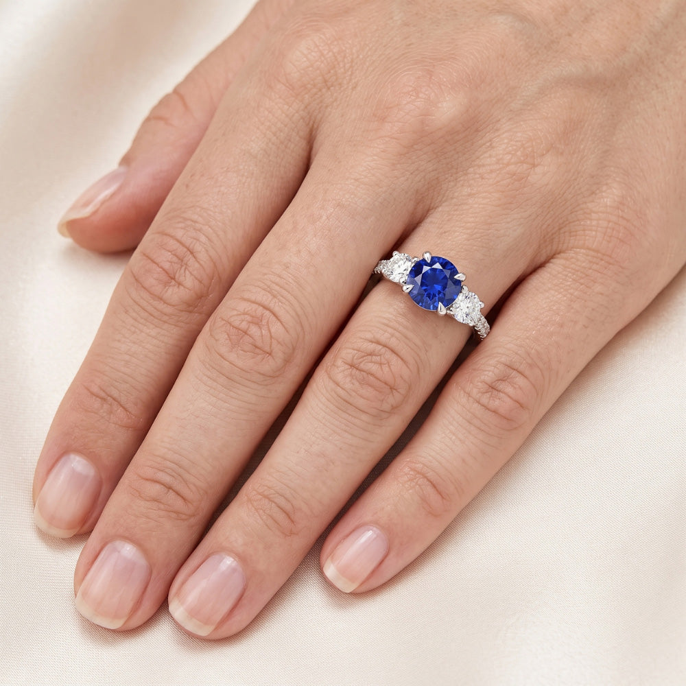 Ladies Gold Natural Earth Mined Diamond Ring Round Cut Ceylon Sapphire 3.50 Carats 14K