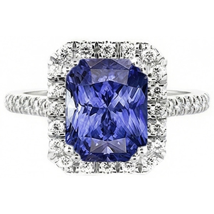 Ladies Halo Deep Blue Sapphire Ring Radiant & Natural Earth Mined Diamonds 3.50 Carats