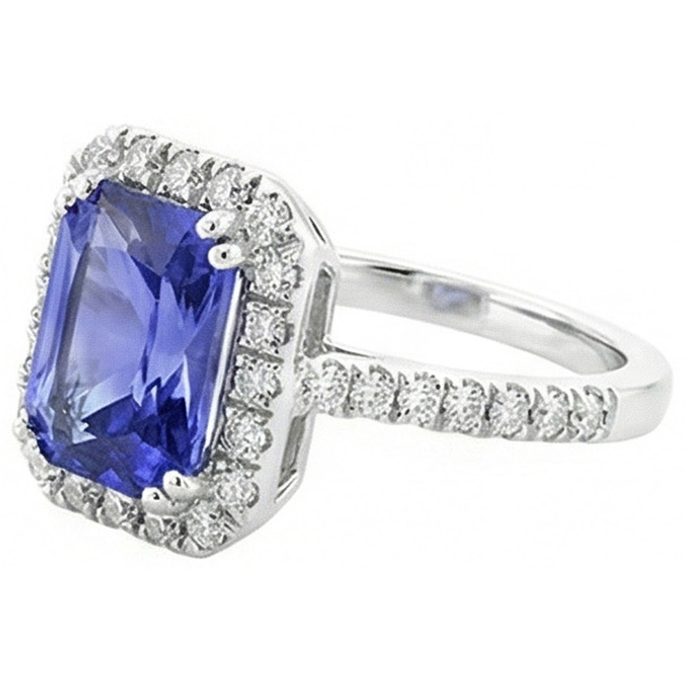 Ladies Halo Deep Blue Sapphire Ring Radiant & Natural Earth Mined Diamonds 3.50 Carats
