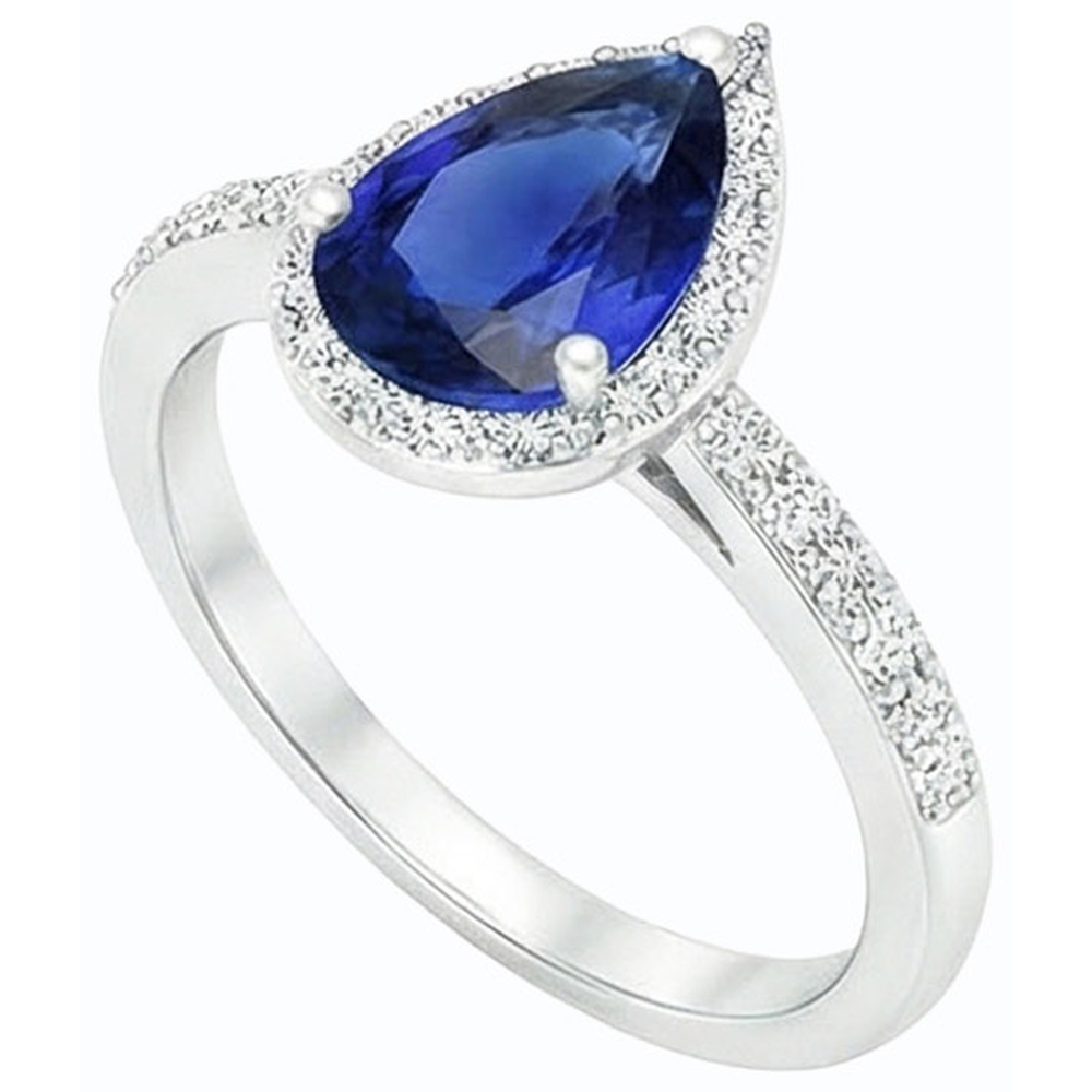 Ladies Halo Gemstone Ring Pear Blue Sapphire & Natural Earth Mined Diamonds 4 Carats