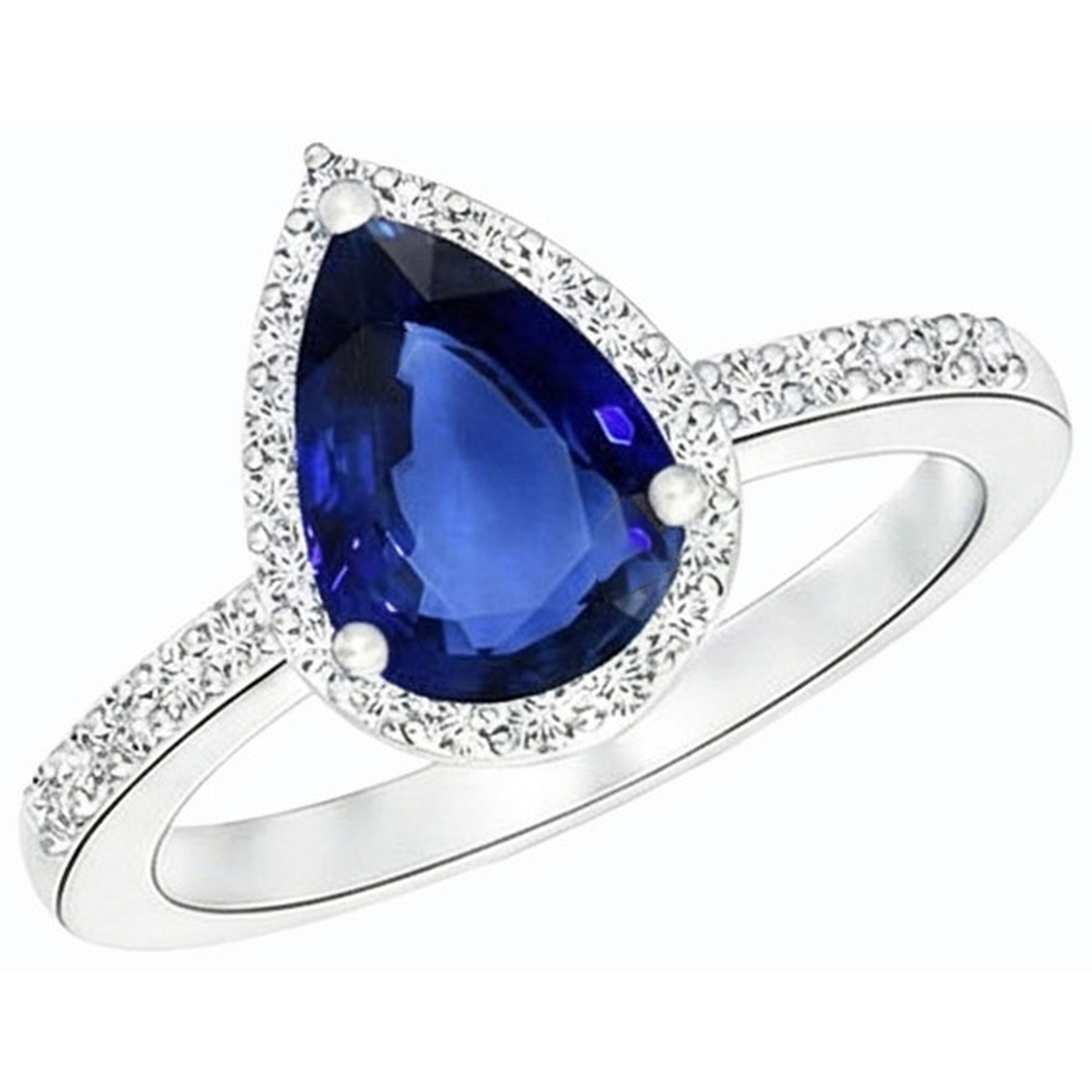Ladies Halo Gemstone Ring Pear Blue Sapphire & Natural Earth Mined Diamonds 4 Carats
