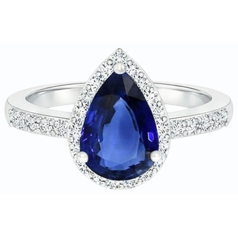 Ladies Halo Gemstone Ring Pear Blue Sapphire & Natural Earth Mined Diamonds 4 Carats