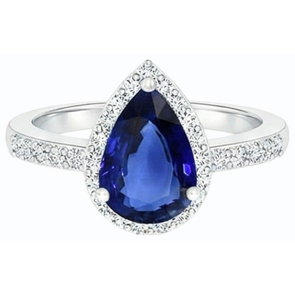 Ladies Halo Gemstone Ring Pear Blue Sapphire & Natural Earth Mined Diamonds 4 Carats