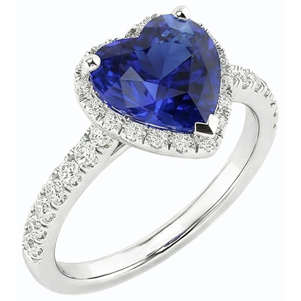 Ladies Halo Heart Srilanka Sapphire Ring & Natural Earth Mined Diamonds 3.50 Carats