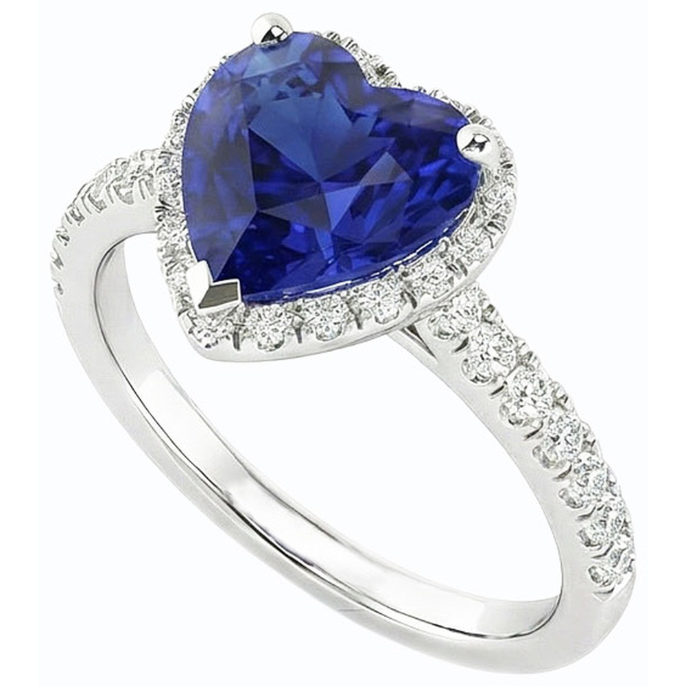 Ladies Halo Heart Srilanka Sapphire Ring & Natural Earth Mined Diamonds 3.50 Carats