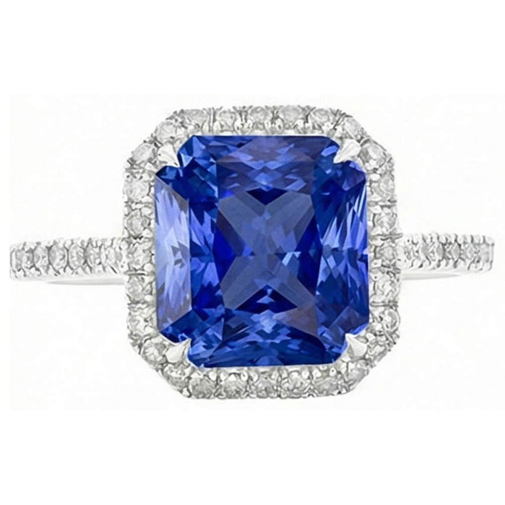 Ladies Halo Natural Earth Mined Diamond Jewelry Ceylon Sapphire Prong Set Gold 5 Carats