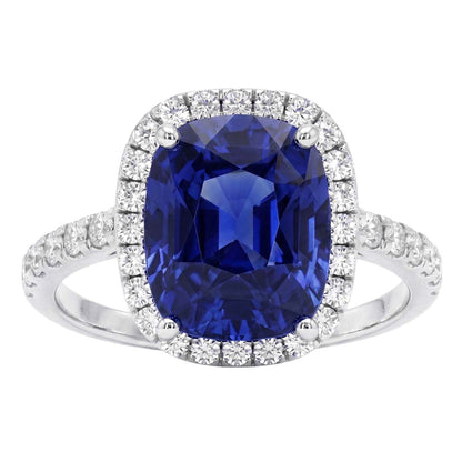 Ladies Halo Natural Earth Mined Diamond Ring Cushion Blue Sapphire Engagement 9.75 Carats