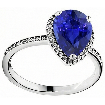 Ladies Halo Natural Earth Mined Diamond Ring & Pear Cut Sri Lankan Sapphire Gold 4 Carats
