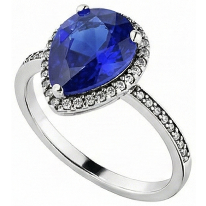 Ladies Halo Natural Earth Mined Diamond Ring & Pear Cut Sri Lankan Sapphire Gold 4 Carats