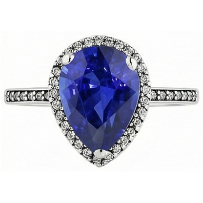 Ladies Halo Natural Earth Mined Diamond Ring & Pear Cut Sri Lankan Sapphire Gold 4 Carats