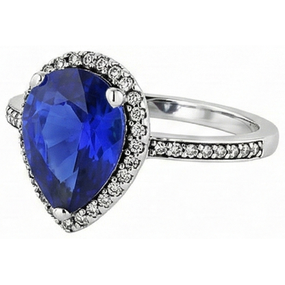 Ladies Halo Natural Earth Mined Diamond Ring & Pear Cut Sri Lankan Sapphire Gold 4 Carats