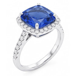Ladies Halo Ring Cushion Ceylon Sapphire & Natural Earth Mined Diamonds 5 Carats Gold 14K