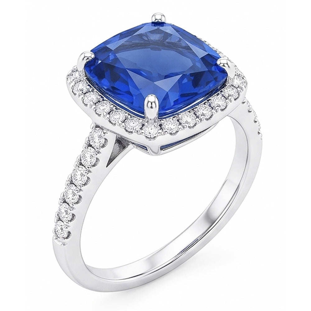 Ladies Halo Ring Cushion Ceylon Sapphire & Natural Earth Mined Diamonds 5 Carats Gold 14K