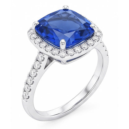 Ladies Halo Ring Cushion Ceylon Sapphire & Natural Earth Mined Diamonds 5 Carats Gold 14K