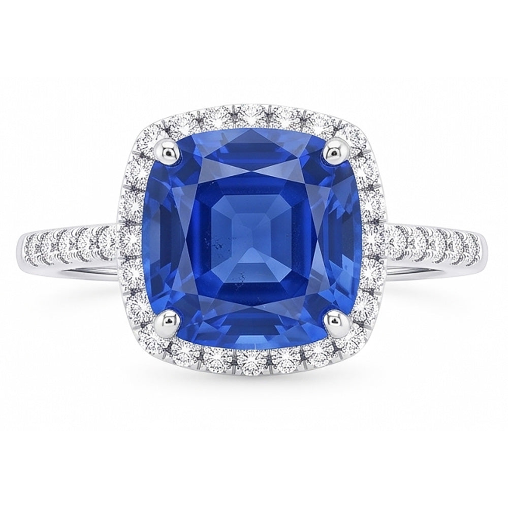 Ladies Halo Ring Cushion Ceylon Sapphire & Natural Earth Mined Diamonds 5 Carats Gold 14K