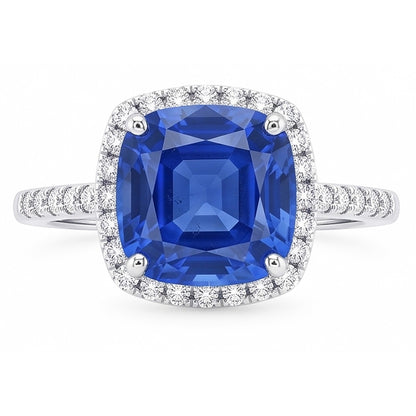 Ladies Halo Ring Cushion Ceylon Sapphire & Natural Earth Mined Diamonds 5 Carats Gold 14K
