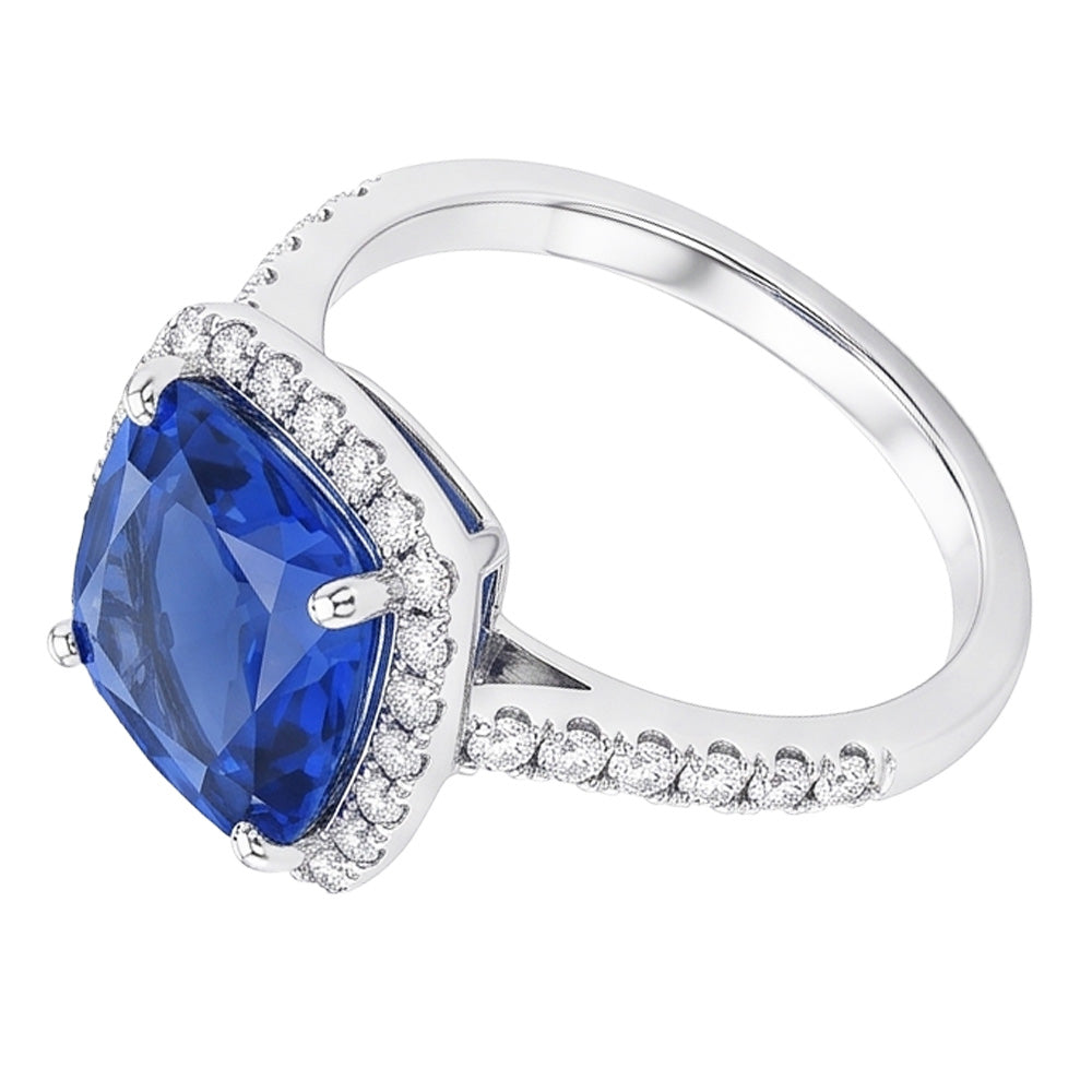 Ladies Halo Ring Cushion Ceylon Sapphire & Natural Earth Mined Diamonds 5 Carats Gold 14K