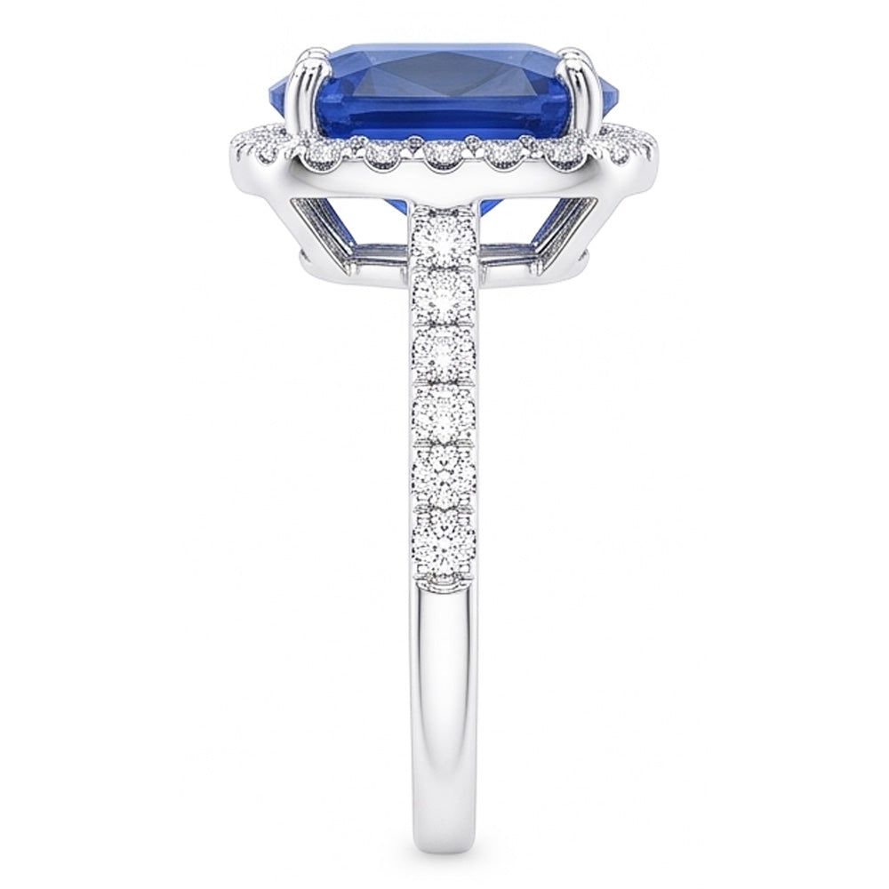 Ladies Halo Ring Cushion Ceylon Sapphire & Natural Earth Mined Diamonds 5 Carats Gold 14K