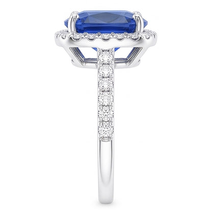 Ladies Halo Ring Cushion Ceylon Sapphire & Natural Earth Mined Diamonds 5 Carats Gold 14K