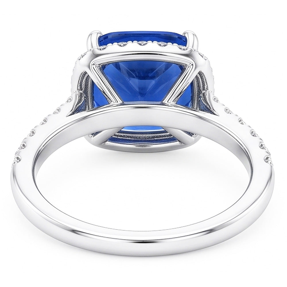 Ladies Halo Ring Cushion Ceylon Sapphire & Natural Earth Mined Diamonds 5 Carats Gold 14K